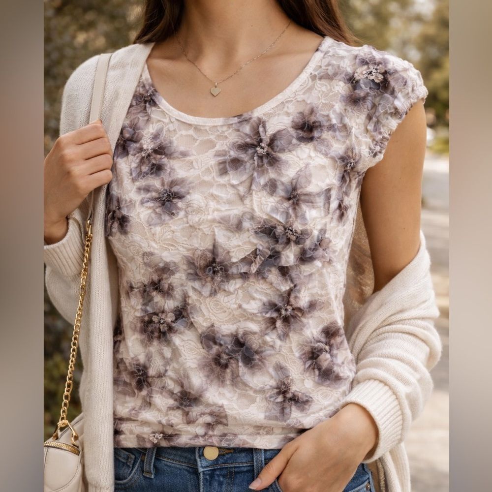 AB Studio Women's Small Shirt Floral Lace Mesh Top Sheer Cottagecore Blouse